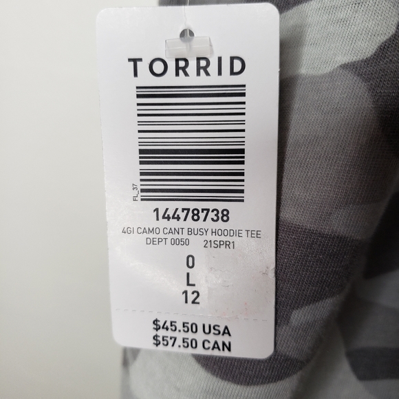 Torrid Top "Can't I'm Busy" Gray Camo Size 0 Large 12 Long Sleeve Hoodie Tee NWT - Picture 15 of 16
